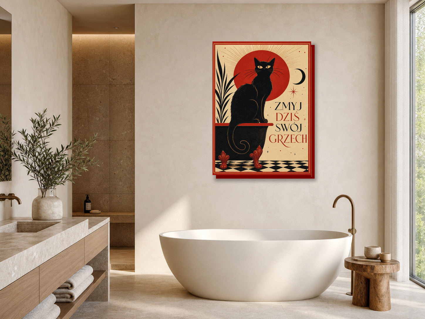 Śmieszny plakat do łazienki z czarnym kotem mockup 2