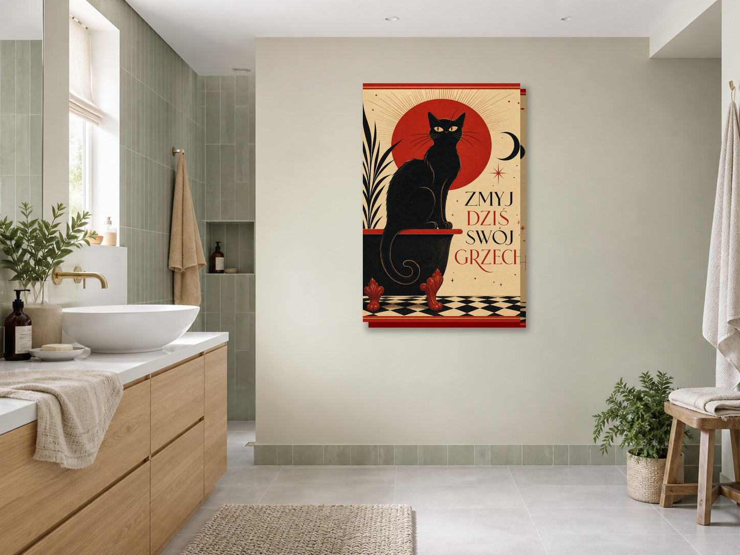 Śmieszny plakat do łazienki z czarnym kotem mockup 4