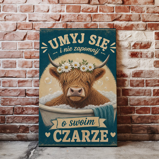 Śmieszny plakat do łazienki z krową w wannie glowne