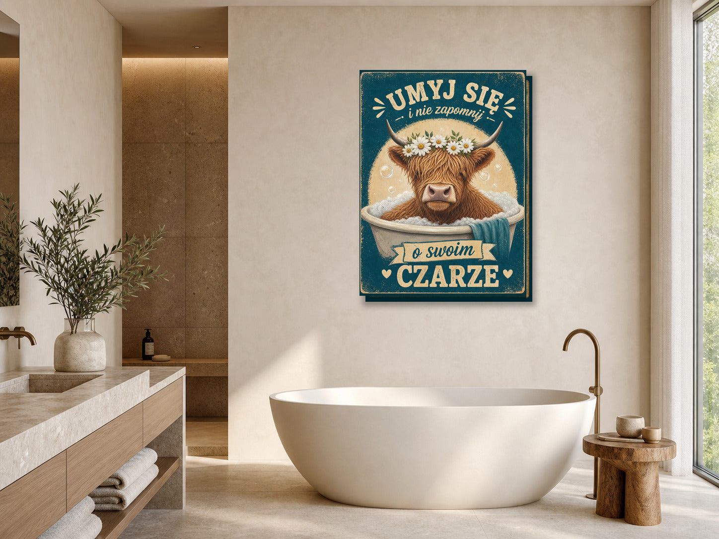 Śmieszny plakat do łazienki z krową w wannie mockup 1
