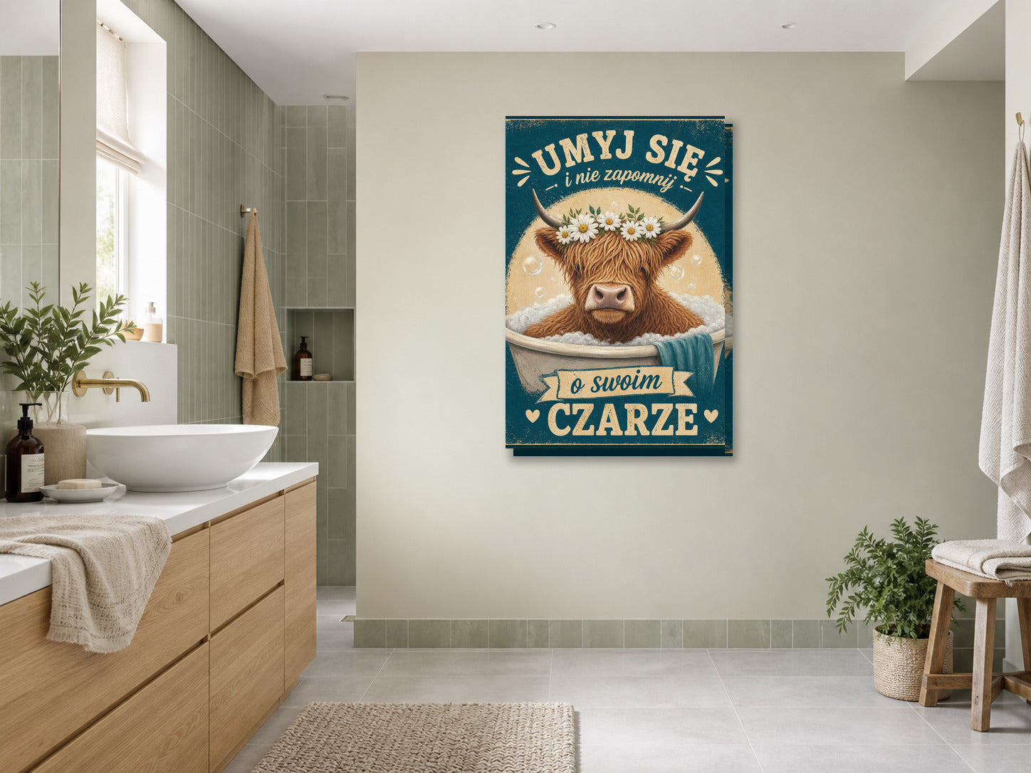 Śmieszny plakat do łazienki z krową w wannie mockup 3