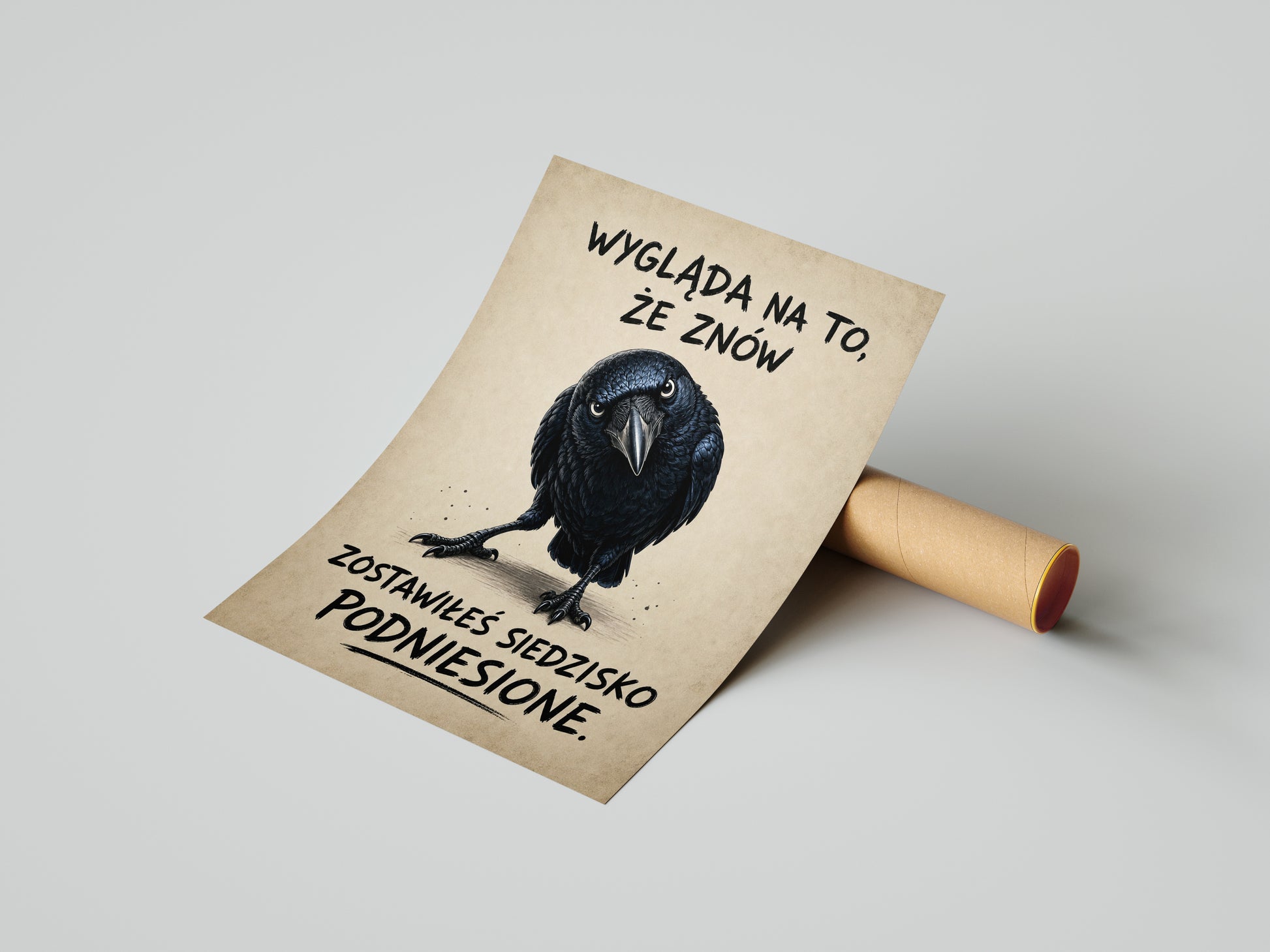 Śmieszny plakat do łazienki z krukiem | WC humor mockup 3