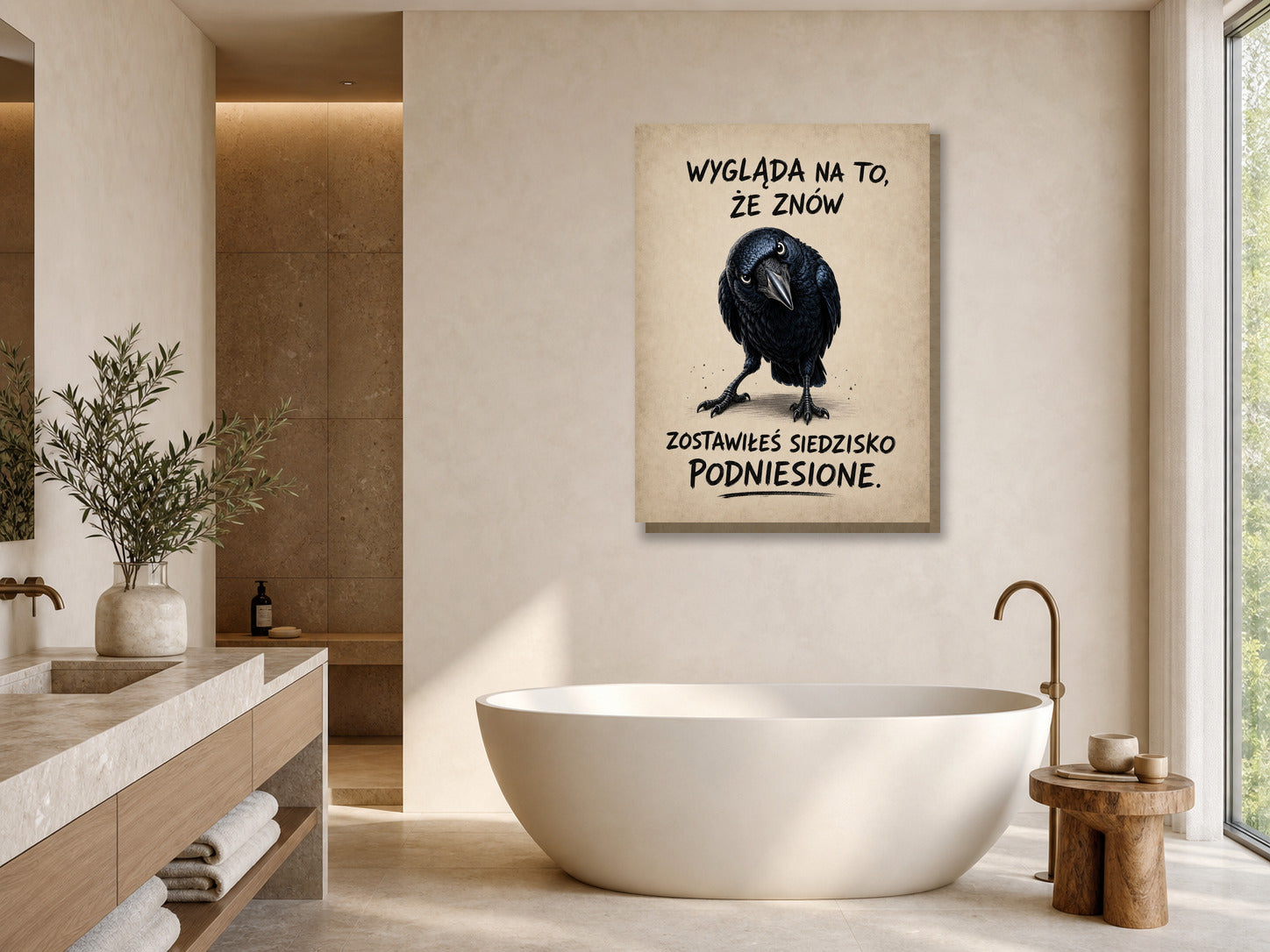 Śmieszny plakat do łazienki z krukiem | WC humor mockup 1
