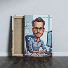 Canvas print przedstawiający kreskówkowego mężczyznę przy biurku na prezent dla księgowego