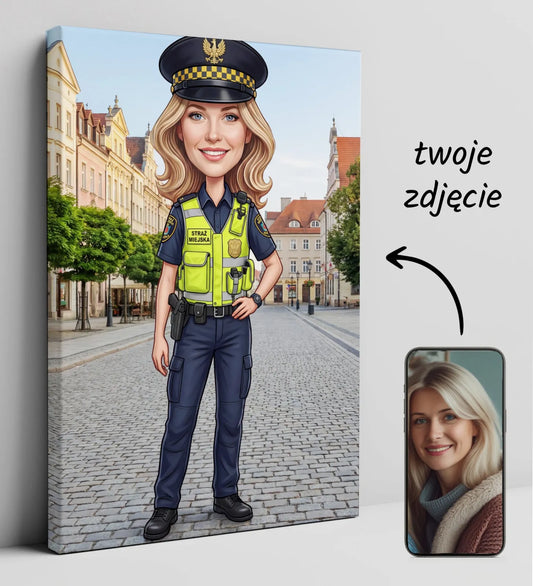 Karykatura blond kobiety w mundurze straży miejskiej, czarny czapka ze złotym emblematem, żółta kamizelka odblaskowa na granatowej koszuli i spodni