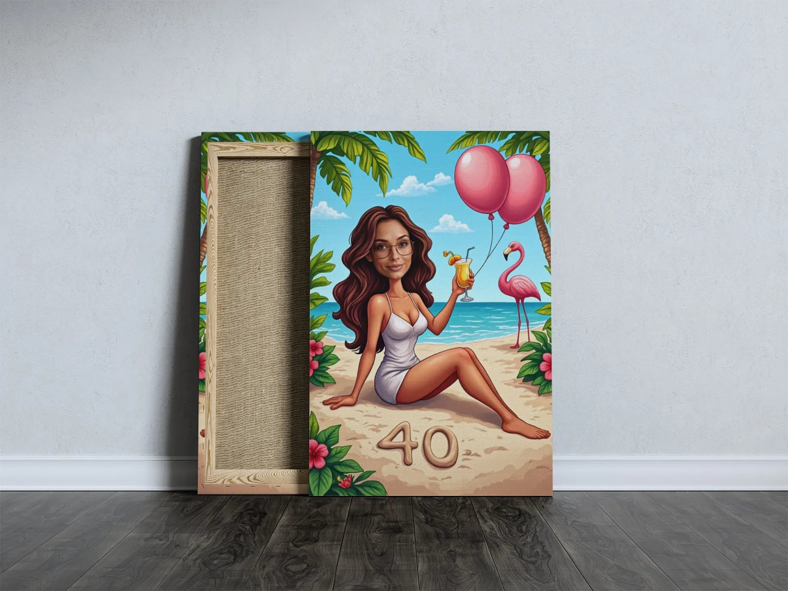 Canvas print of a woman on a beach celebrating 40th birthday in Tropikalna karykatura kobiety na urodziny