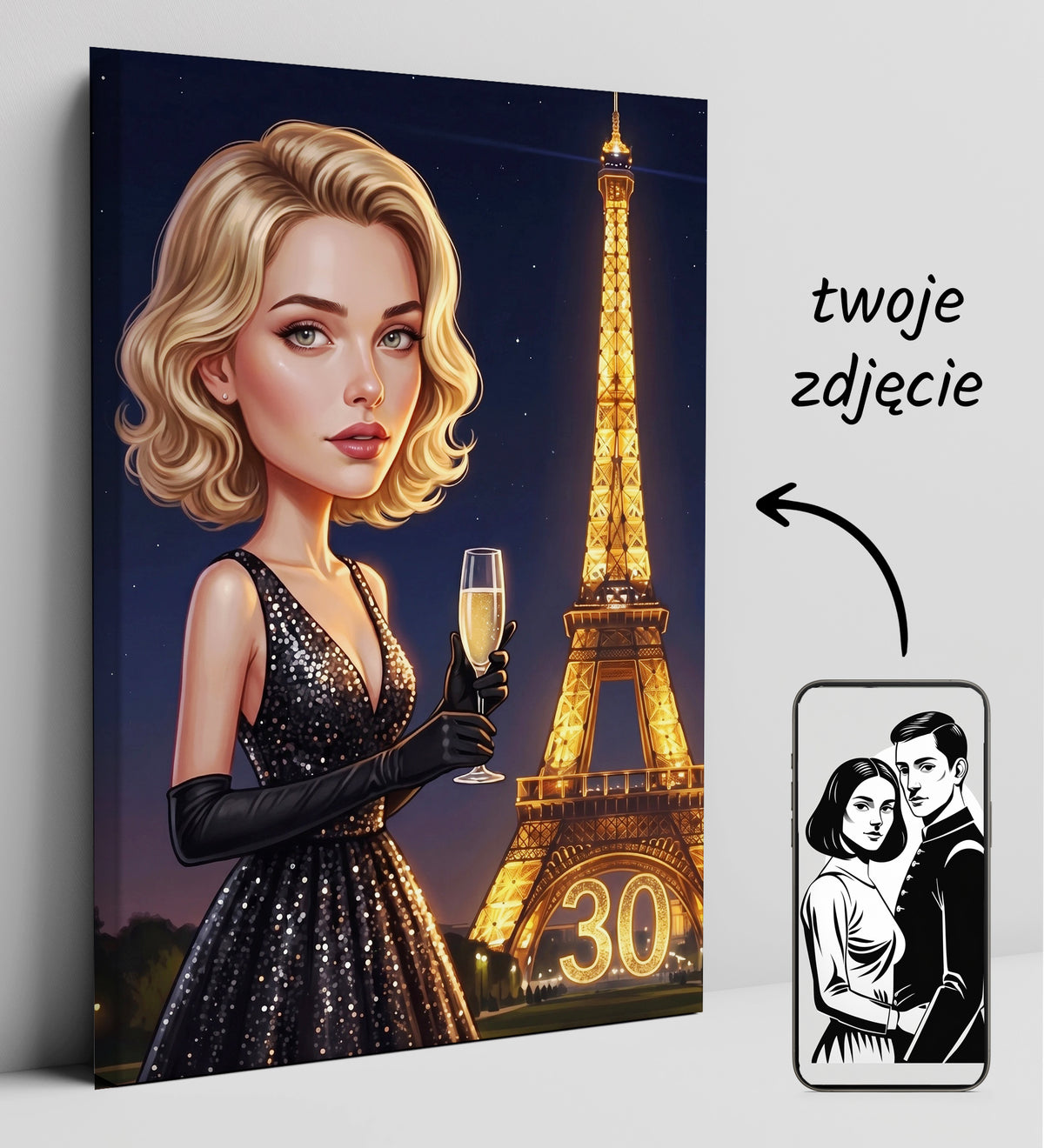 Karykatura personalizowana na 30. urodziny w Paryżu mockup 7
