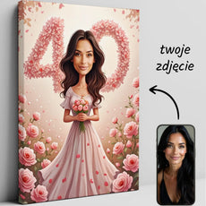 Personalizowana karykatura na 40 urodziny na płótnie kobiety w ogrodzie róż