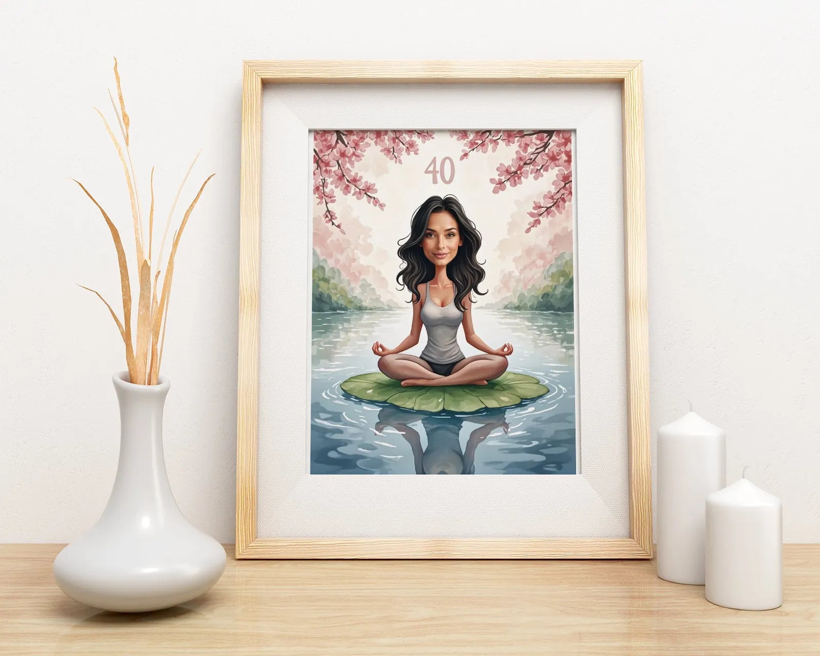 Framed cartoon of woman meditating for Urodzinowa karykatura kobiety w stylu zen