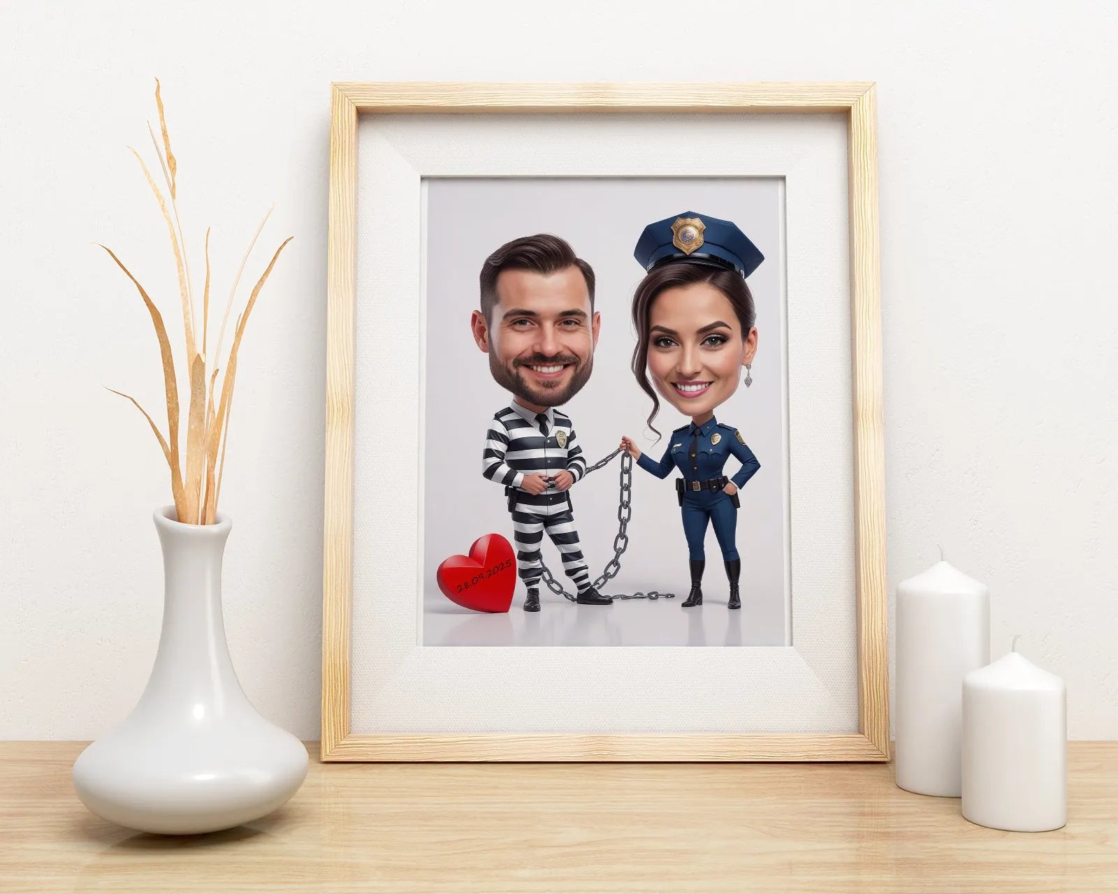 Oprawiony print karykatury ślubnej panna młoda policjantka i pan młody więzień