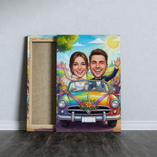 Kolorowa karykatura ślubna w samochodzie z personalizacją mockup 4