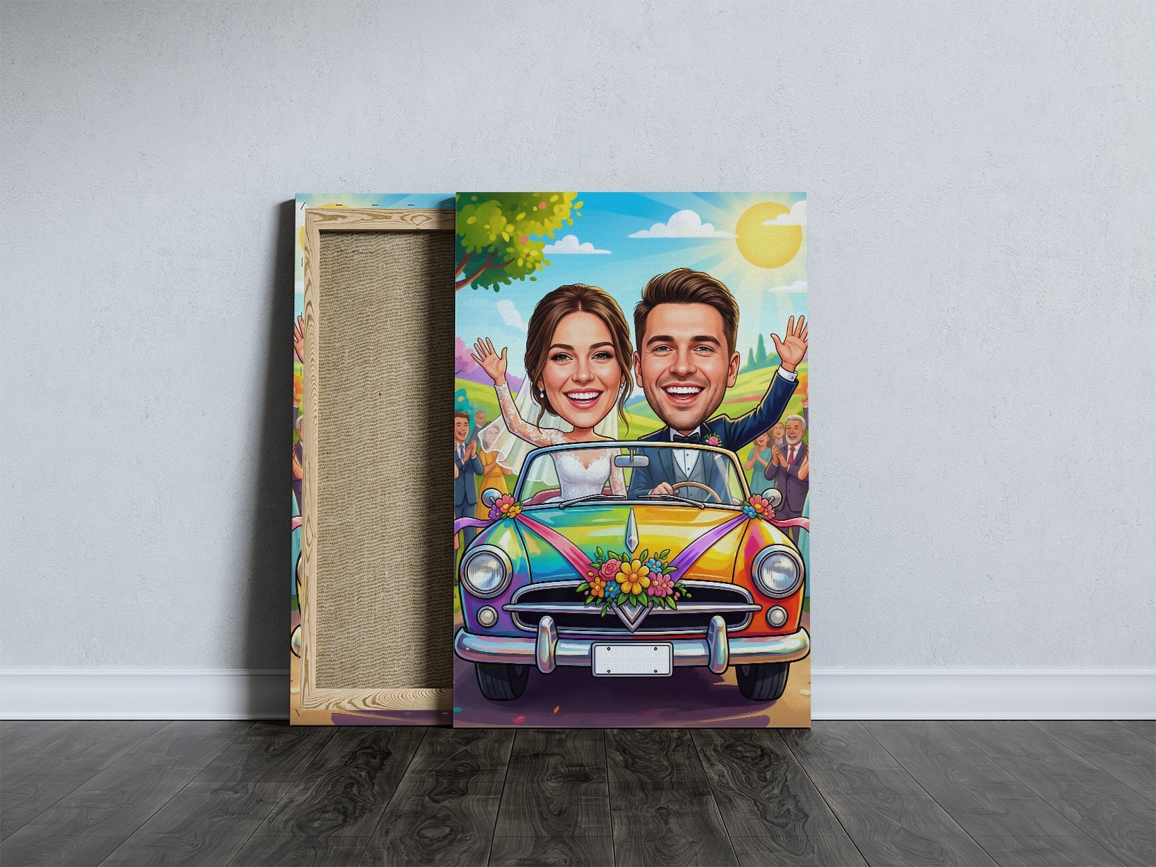 Kolorowa karykatura ślubna w samochodzie z personalizacją mockup 4