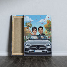 Personalizowana karykatura ślubna w samochodzie dla Pary Młodej mockup 3