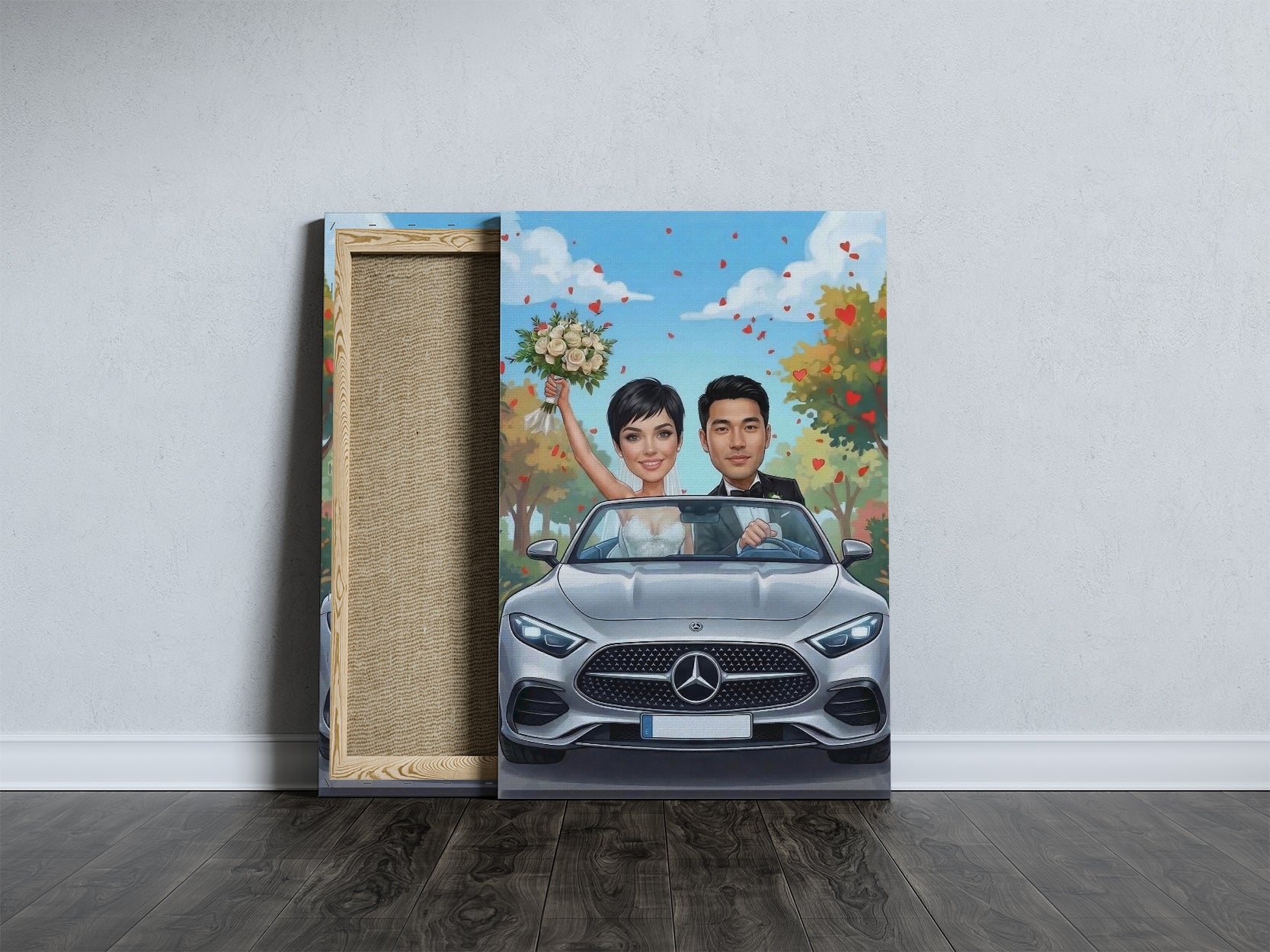 Personalizowana karykatura ślubna w samochodzie dla Pary Młodej mockup 3