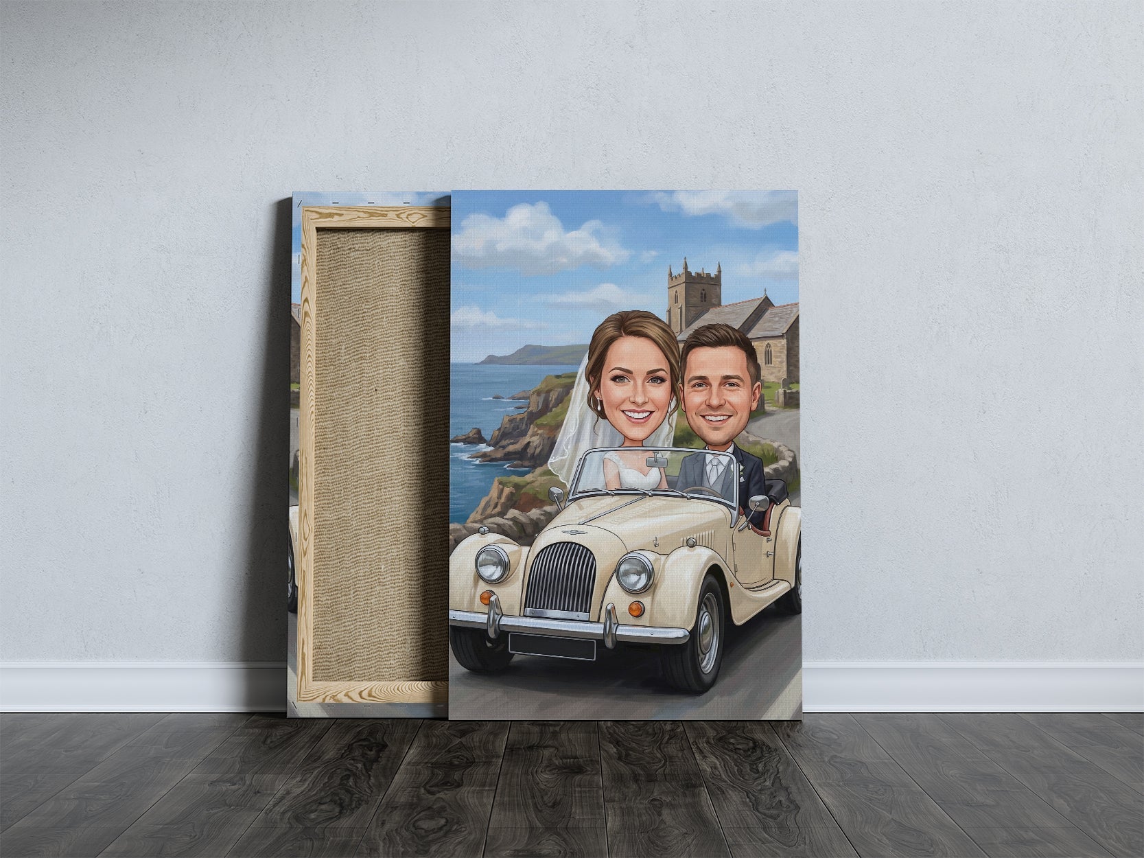 Romantyczna karykatura ślubna w klasycznym aucie z personalizacją mockup 4